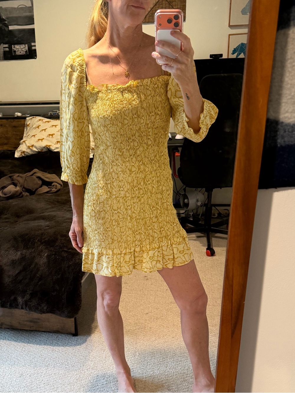Faithfull the Brand Yellow Floral Square-Neck Mini Dress